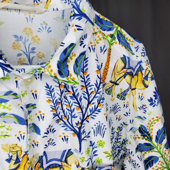 Print Fresh Button Pajama Shirt Women Medium Organic Cotton Camel Floral - Picture 11 of 12